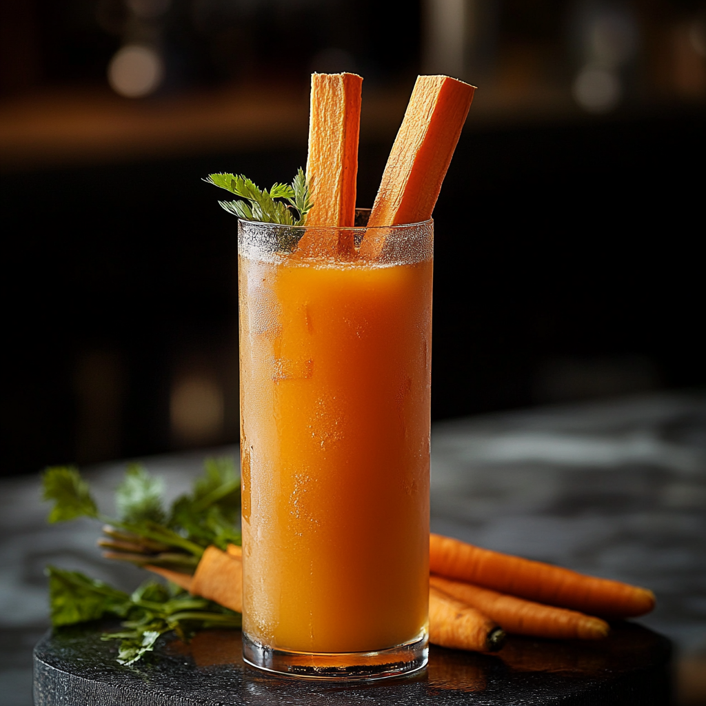 Fresh carrot juice in a glass on a wooden table with raw carrots beside it