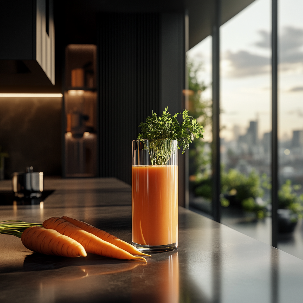 Fresh carrot juice in a glass on a wooden table with raw carrots beside it.