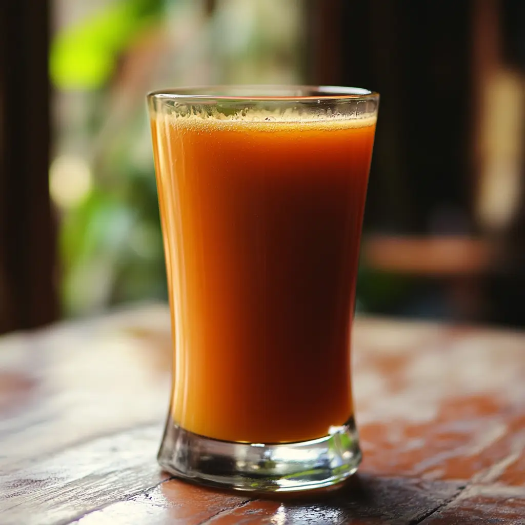 Fresh carrot juice in a glass on a wooden table with raw carrots beside it.