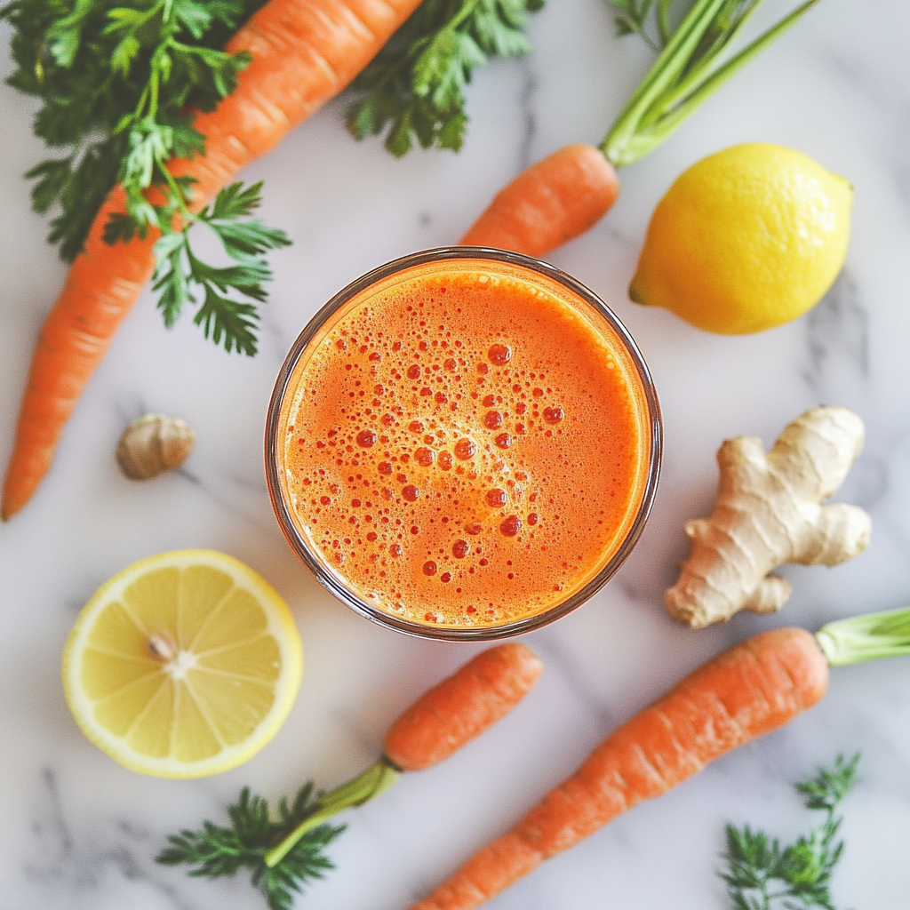 Freshly made carrot juice in a glass with raw carrots and ginger.