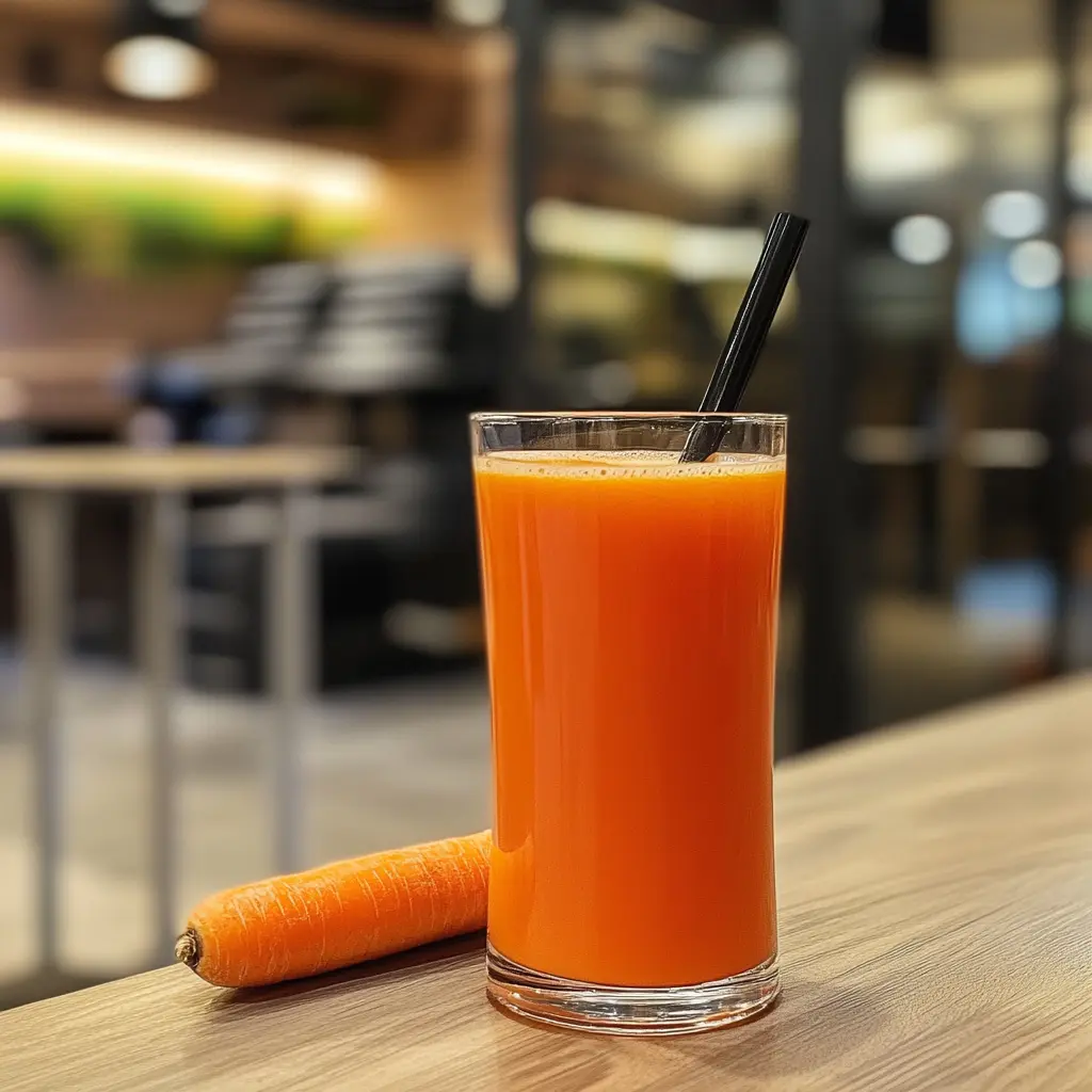 A vibrant glass of carrot juice surrounded by fresh carrots and parsley on a wooden table