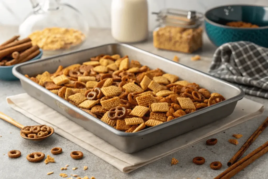 Chex Mix baking in the oven for a crispy texture