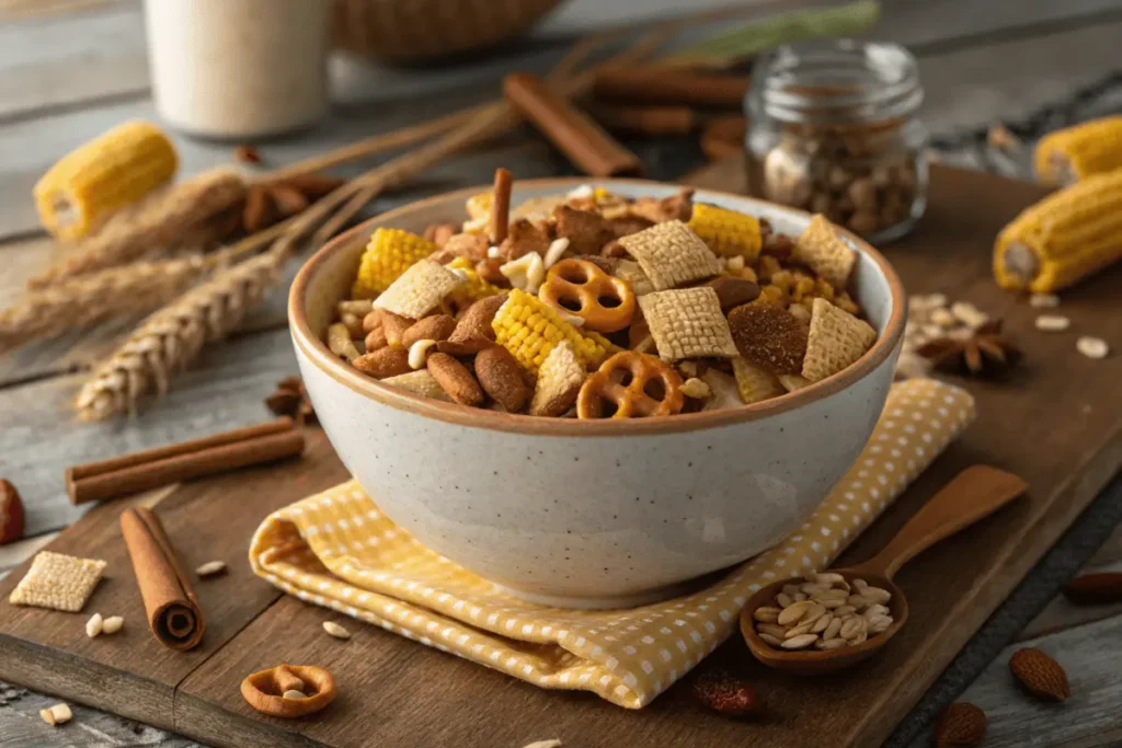 Bowl of homemade Chex Mix with cereals and nuts