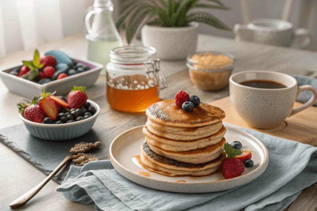 Breakfast table with pancakes, fruit, syrup, and coffee