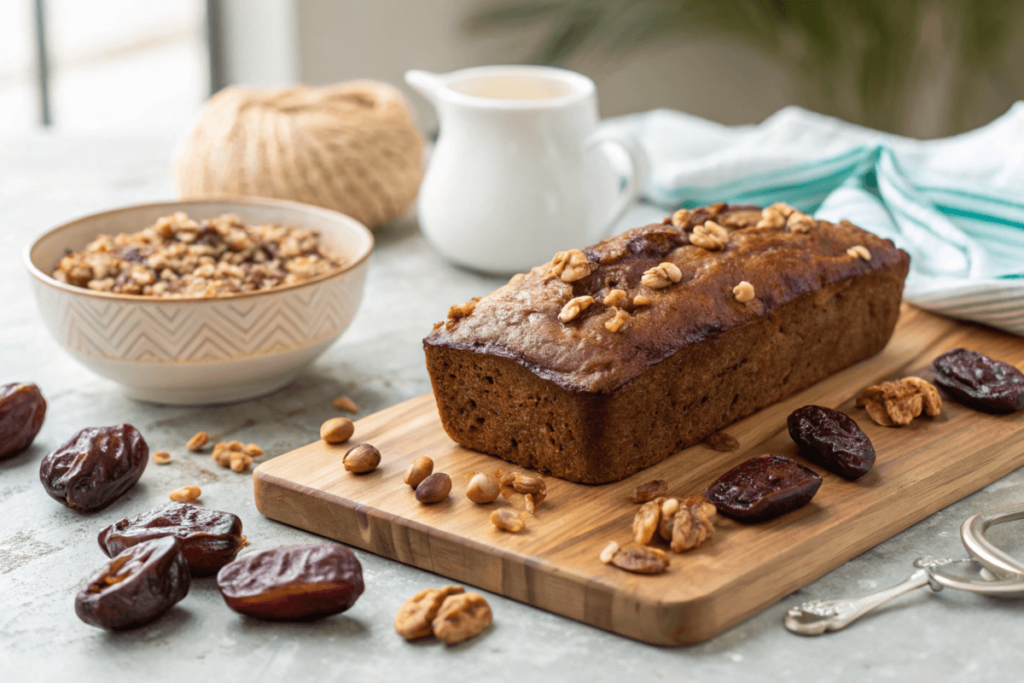 Freshly baked date and nut loaf with dates and nuts