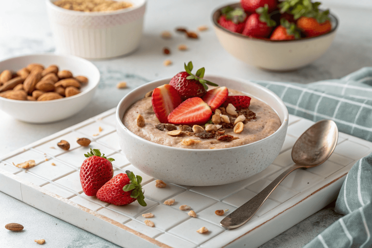 Bowl of protein pudding with strawberries and nuts