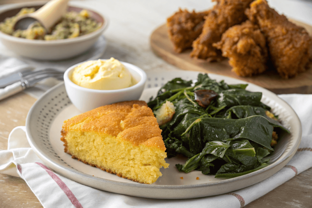 Southern Cornbread Slice with Collard Greens and Fried Chicken