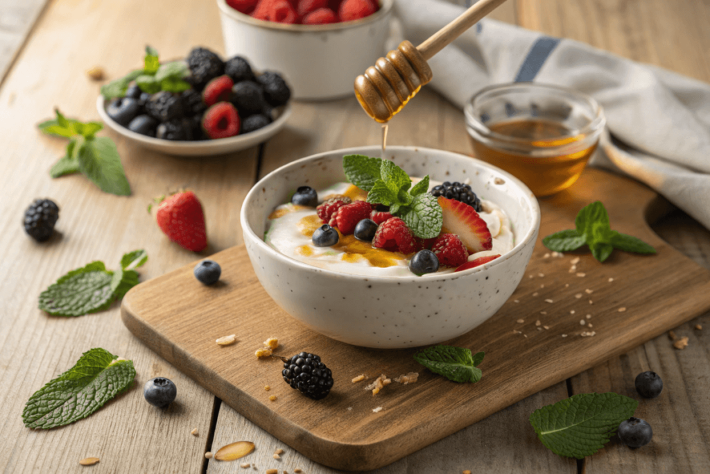 Homemade yogurt topped with berries and honey, a delicious customization option