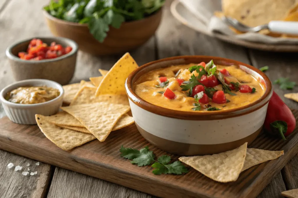 Bowl of smoked queso dip with tortilla chips on a rustic table