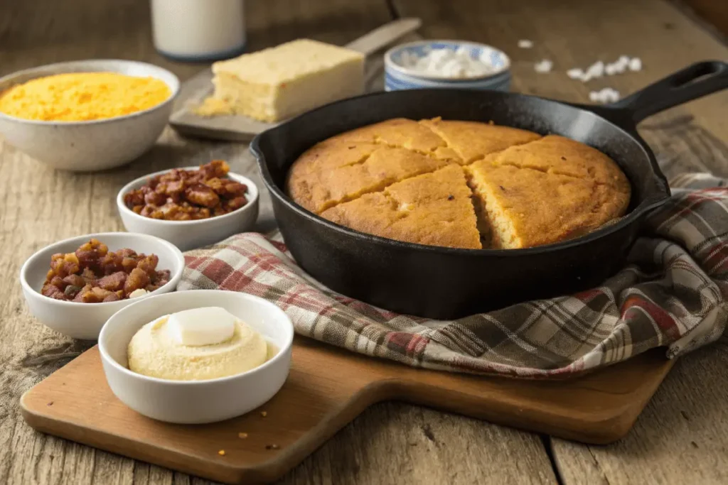 Golden-brown cornbread in a cast-iron skillet with Southern-style ingredients