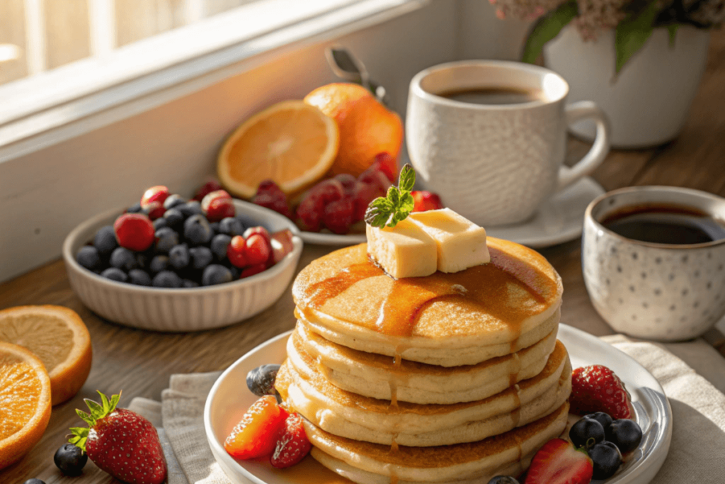 Golden fluffy hotcakes topped with butter and syrup on a breakfast table