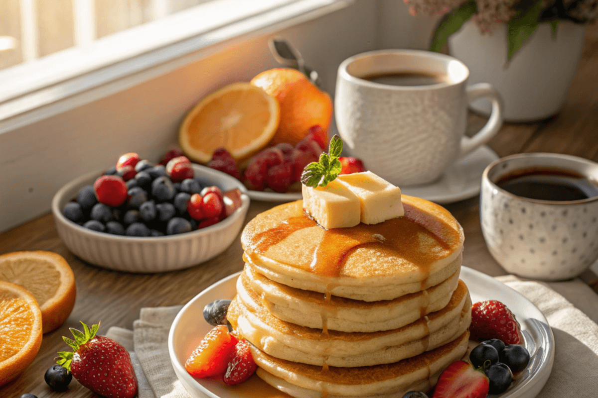 Golden fluffy hotcakes topped with butter and syrup on a breakfast table