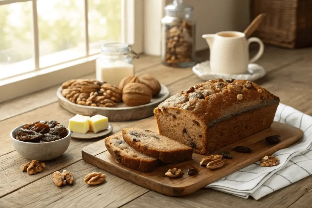 Rustic loaf of date nut bread on a wooden table