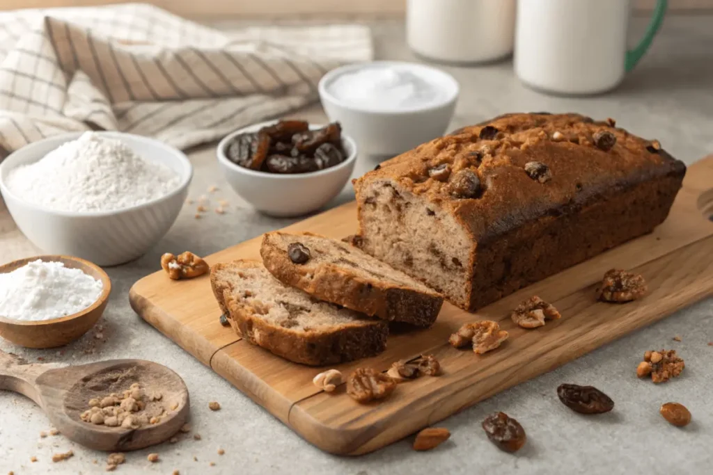 Freshly baked Neuman's Date Nut Bread with visible dates and walnuts