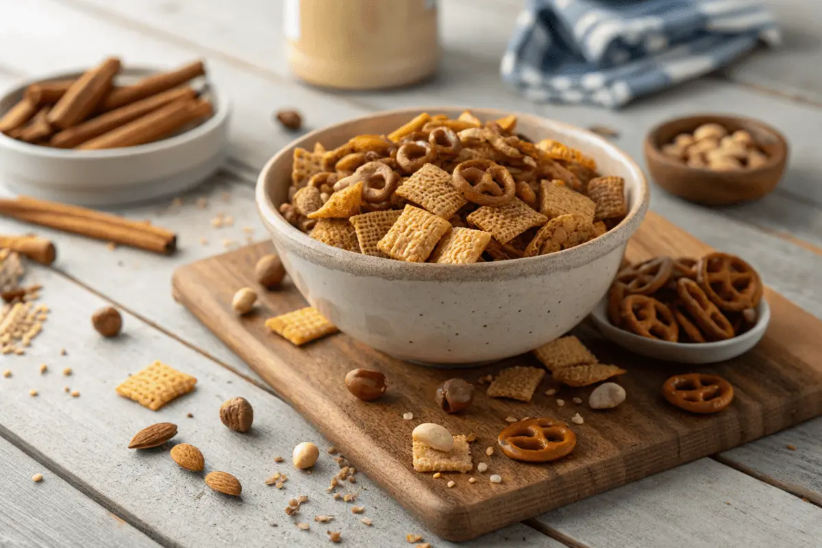 A bowl of crispy Chex Mix with ingredients on a wooden table