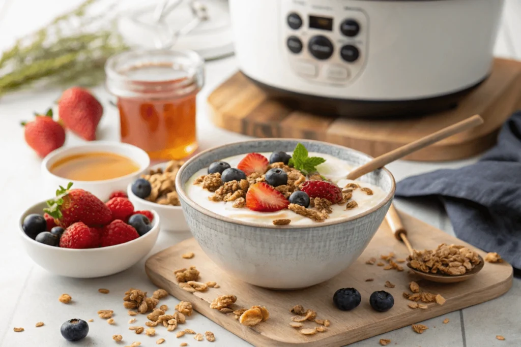 Homemade yogurt bowl with granola and berries next to an Instant Pot