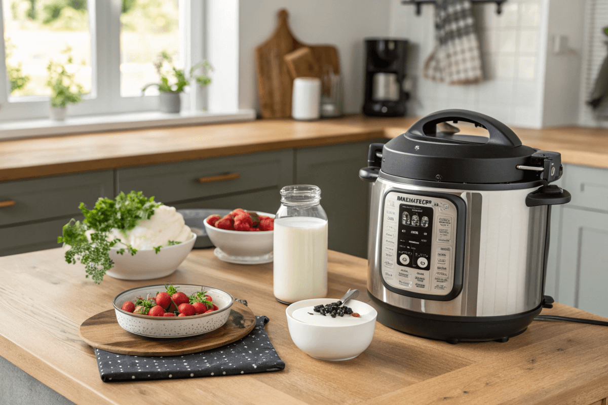 Milk being poured into an Instant Pot in a cozy kitchen for yogurt making