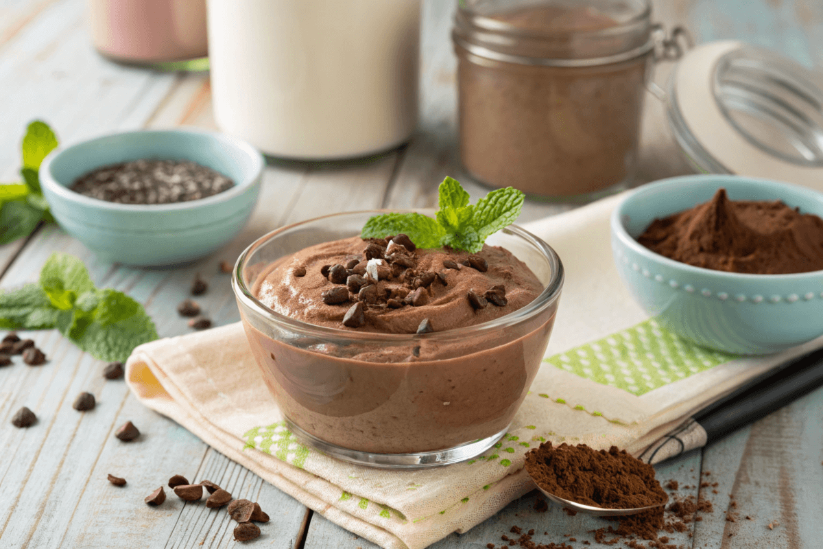 Chocolate protein pudding topped with cacao nibs and mint