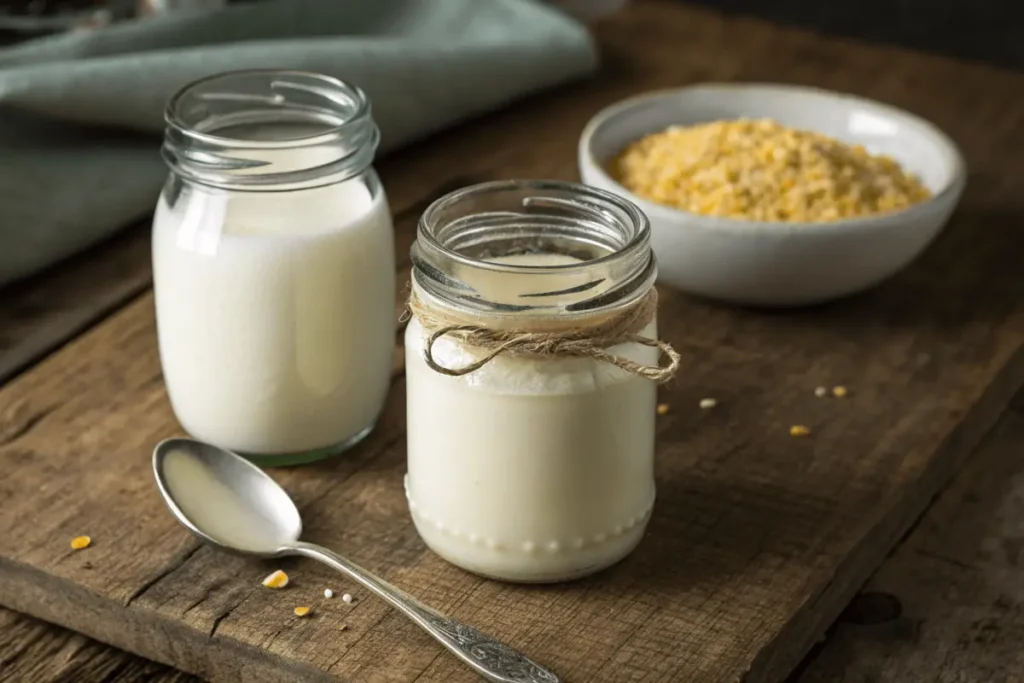 Buttermilk and milk side-by-side in glass jars on a wooden table