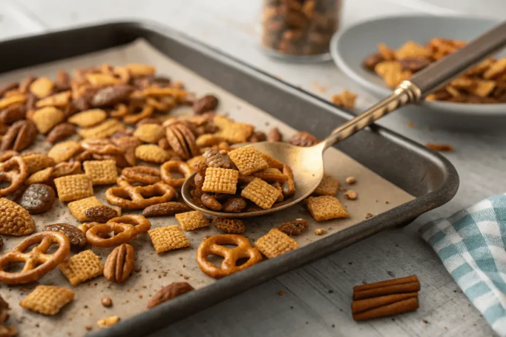 Freshly baked Chex Mix cooling on a baking sheet