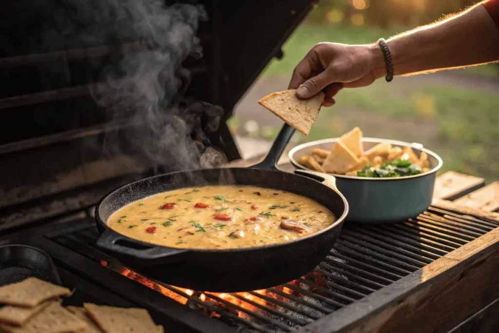 Smoked queso dip in a cast iron skillet on a smoker, demonstrating what is the best wood for smoking queso?