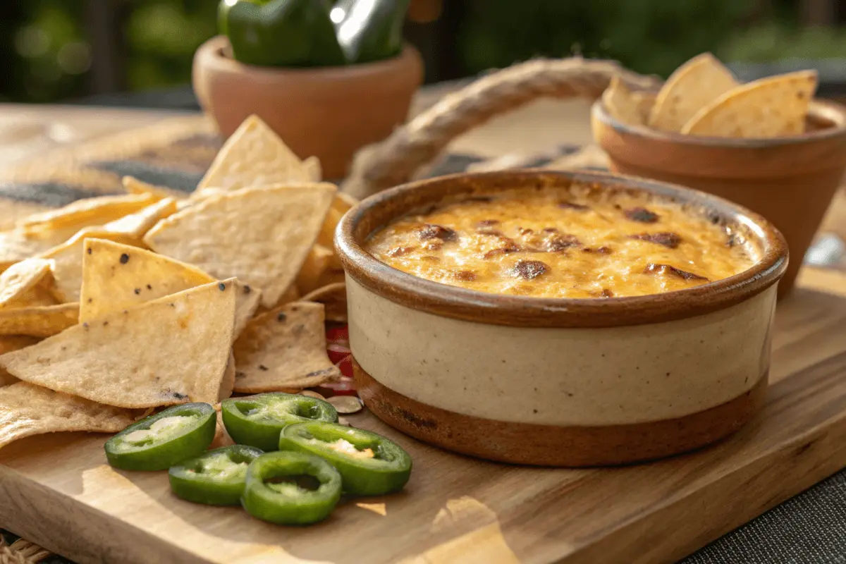 Smoked queso dip in a rustic bowl with tortilla chips and jalapeños, illustrating what is the best wood for smoking queso?