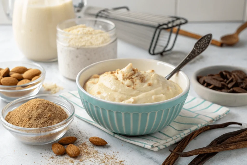 Homemade protein pudding preparation with casein powder and almond milk