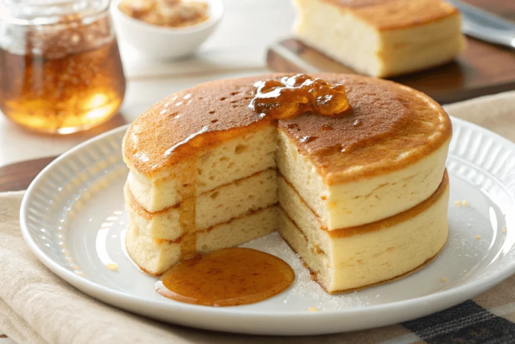 Close-up of fluffy pancake with syrup and a cut-open hotcake showing its dense texture