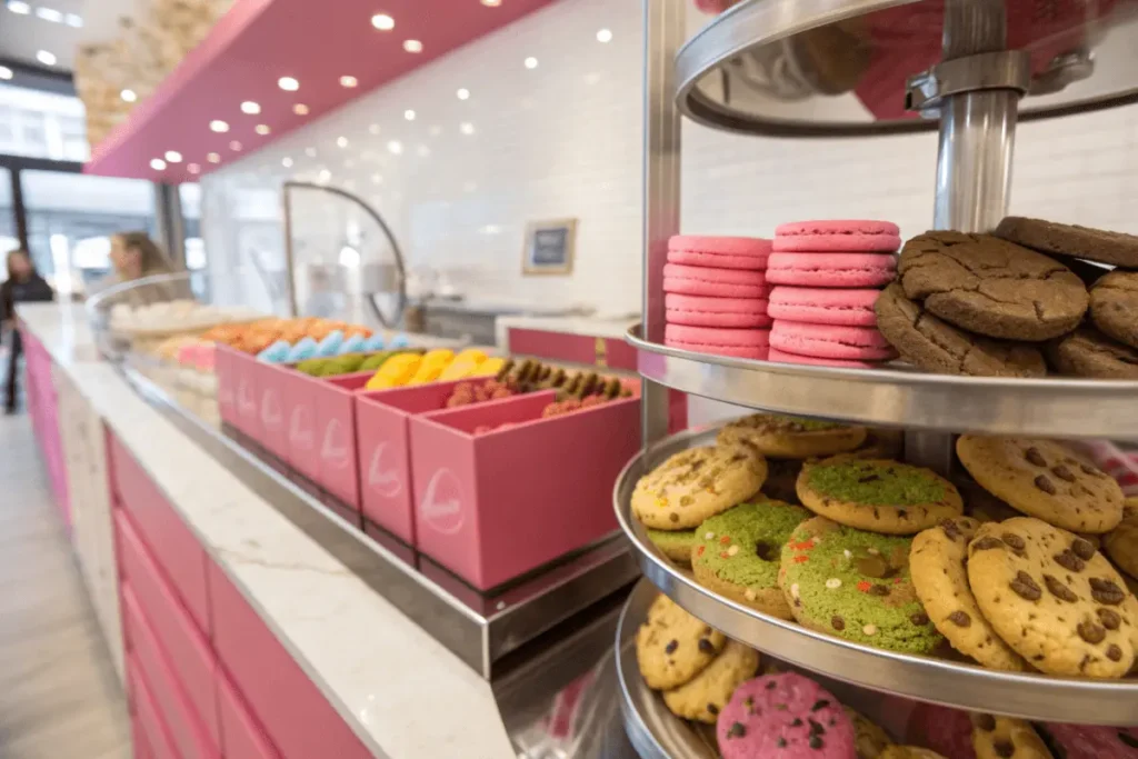 Rotating cookie display with Crumbl Cookies' pink boxes