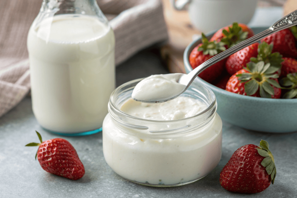 Homemade yogurt with whole milk and strawberries