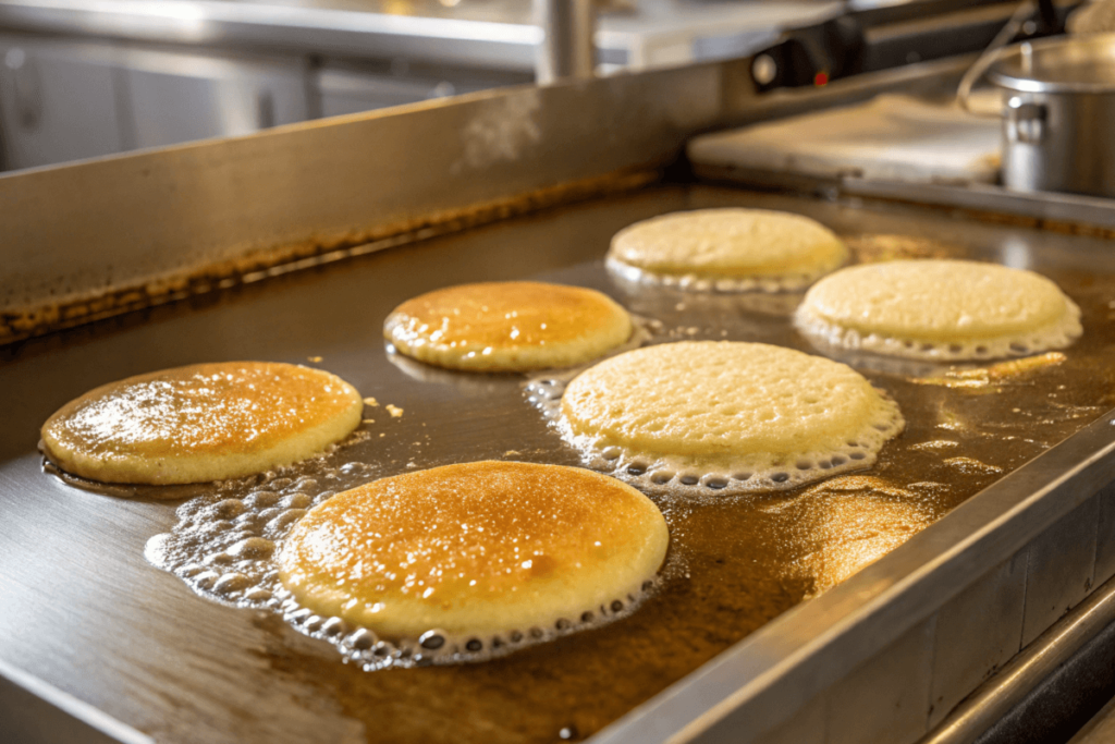 Golden hotcakes on a griddle with bubbles forming on the surface