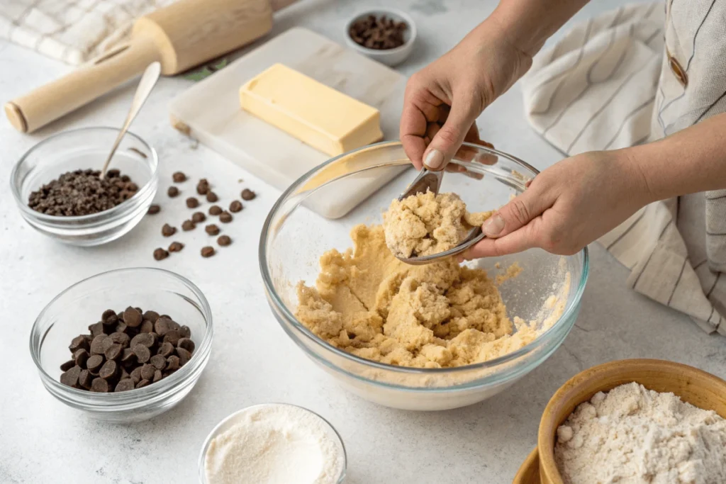 Hands mixing cookie dough with fresh ingredients on a countertop