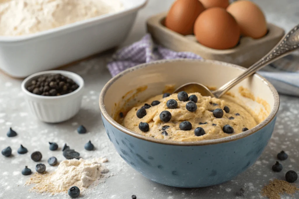 Pancake batter with mix-ins like chocolate chips and blueberries