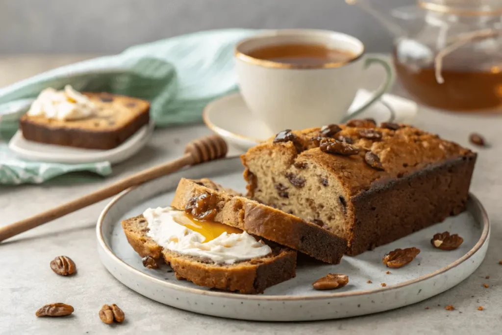 Sliced date nut bread with cream cheese and honey