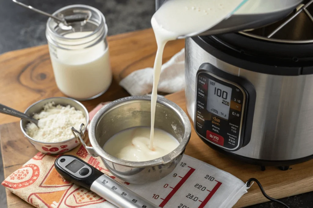 Milk being poured into an Instant Pot with a digital thermometer