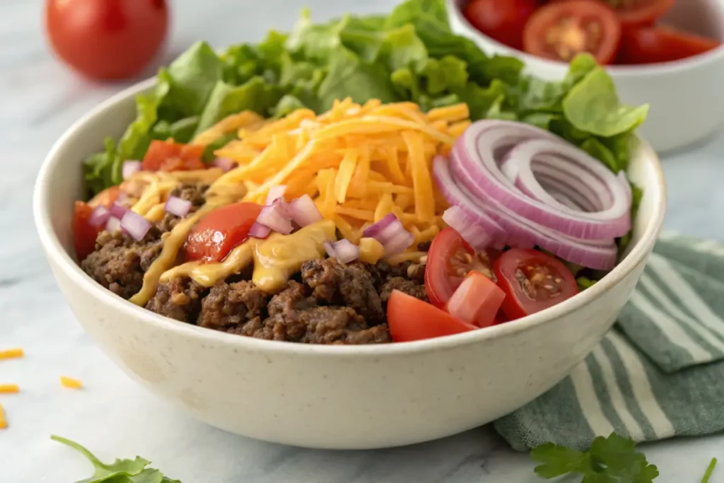 Classic cheeseburger bowl with ground beef and fresh toppings