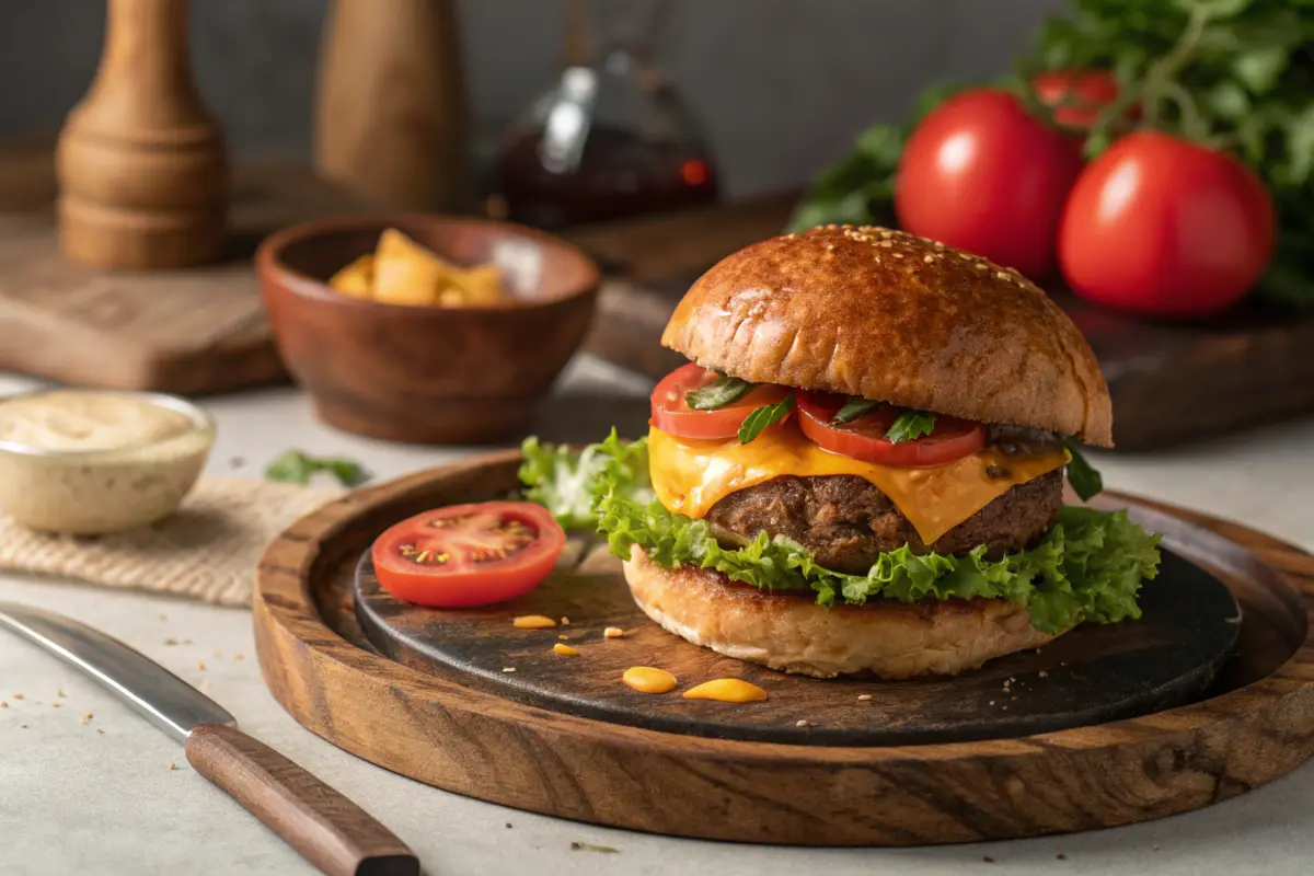 Close-up of a gourmet burger on a wooden plate