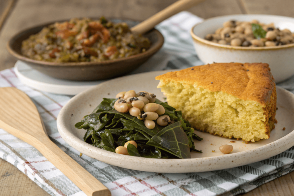 Southern cornbread paired with collard greens and black-eyed peas