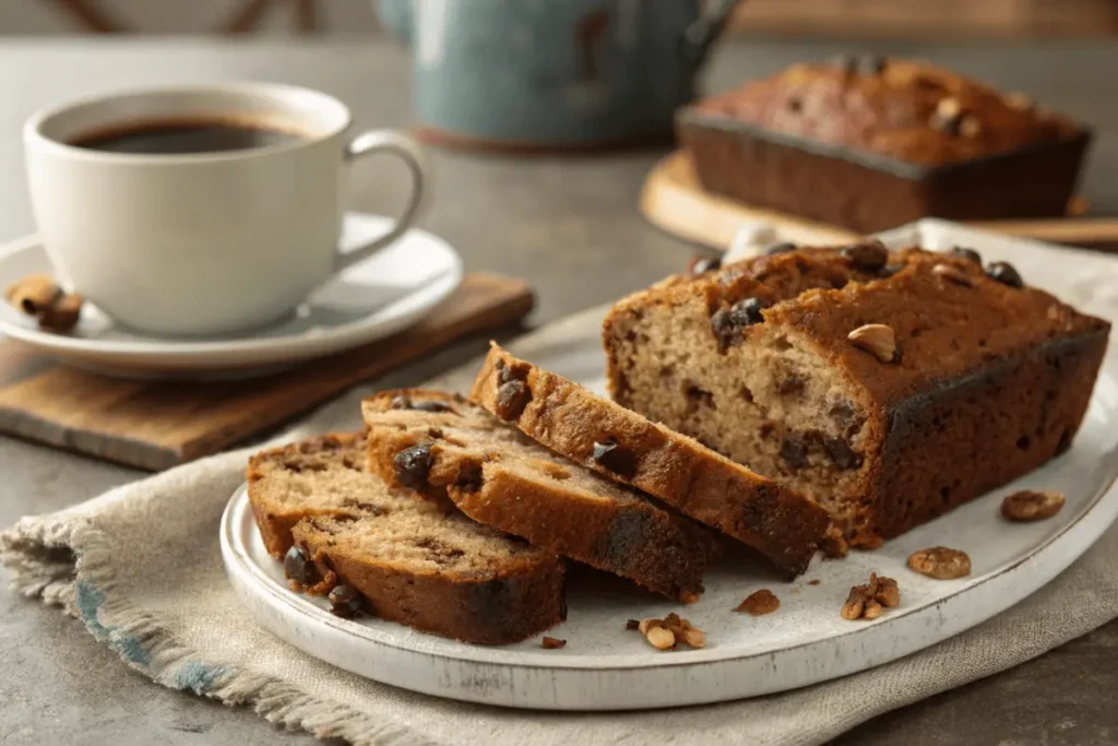 Sliced date nut bread on a serving plate with coffee