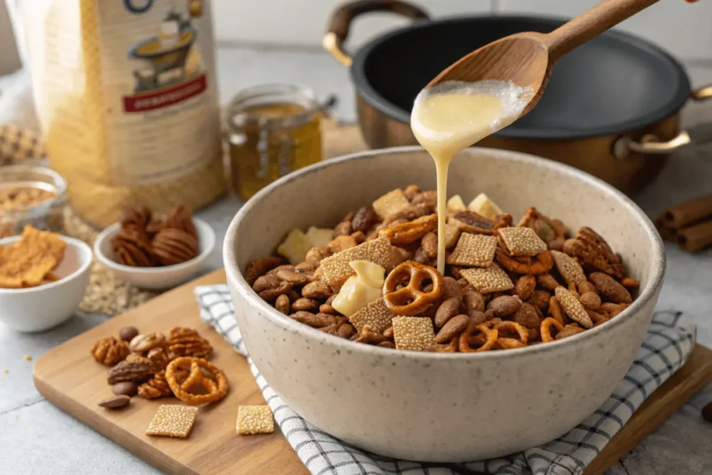 Mixing butter and seasonings into Chex Mix