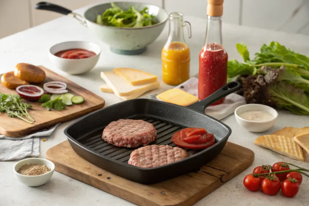 Tools and ingredients for a deconstructed burger