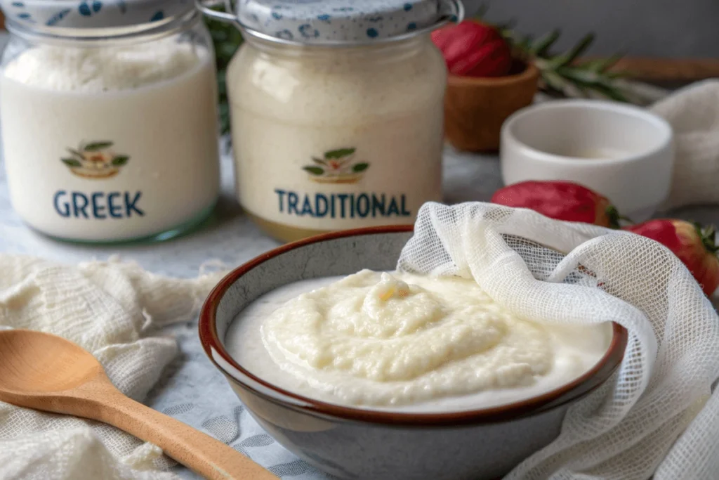 Thick yogurt being strained in cheesecloth over a bowl for Greek yogurt