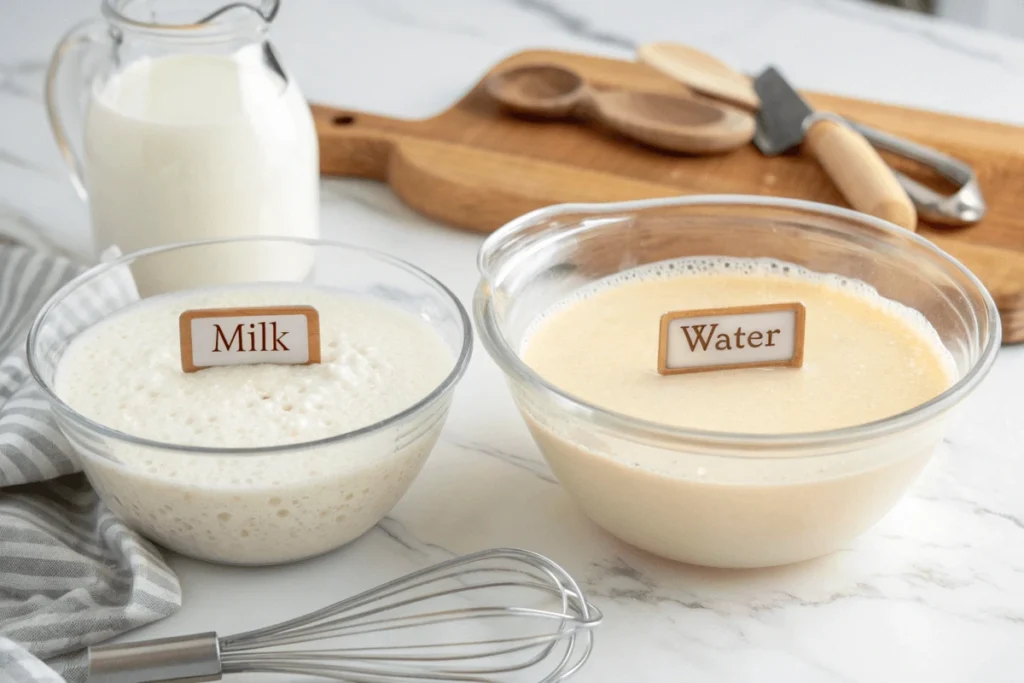 Two bowls of pancake batter, one made with milk and the other with water