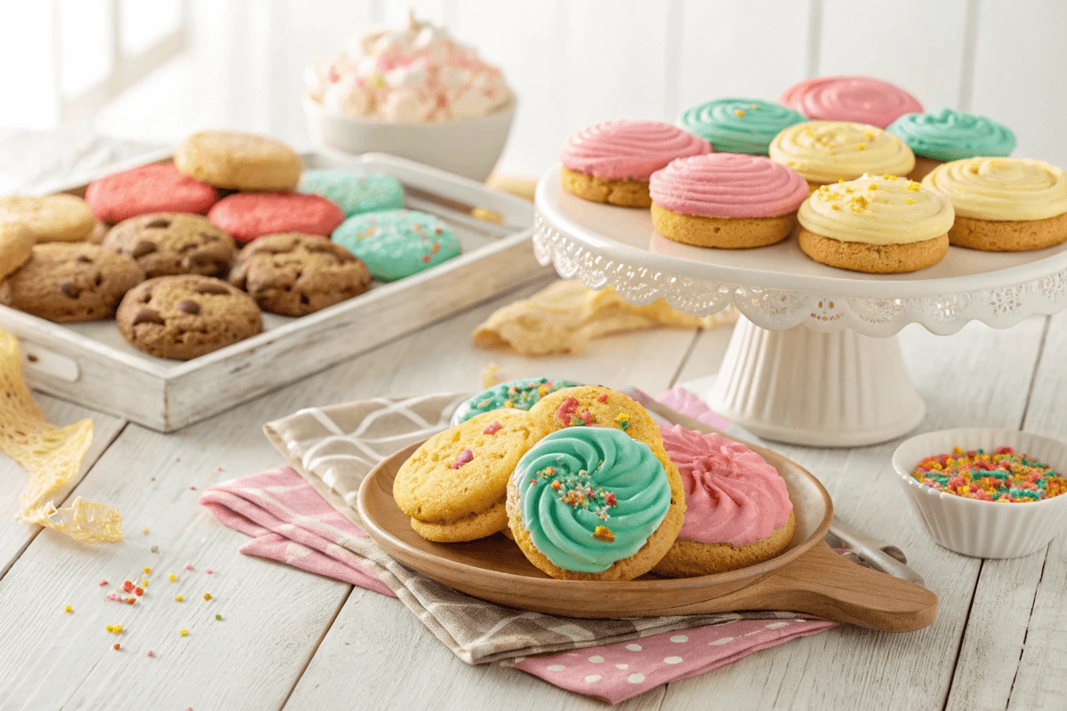 A display of vibrant Crumbl cookies in a bakery setting