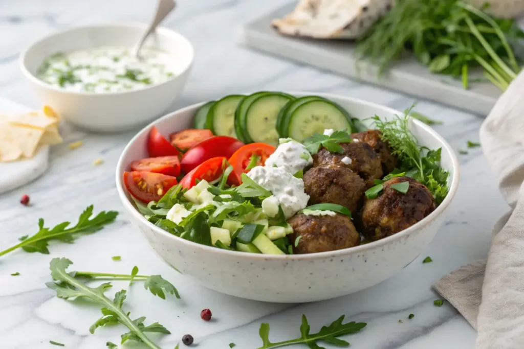 Mediterranean burger bowl with lamb meatballs and tzatziki sauce