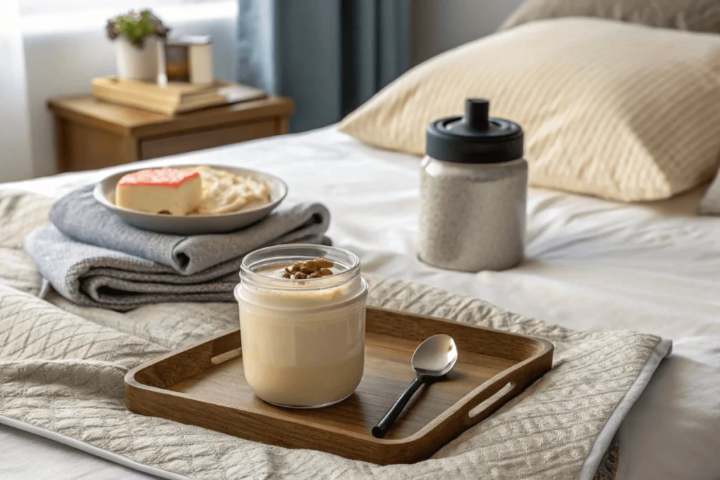 Cozy bedroom with a tray holding a jar of protein pudding, a spoon, and workout items like a shaker bottle and towel in the background