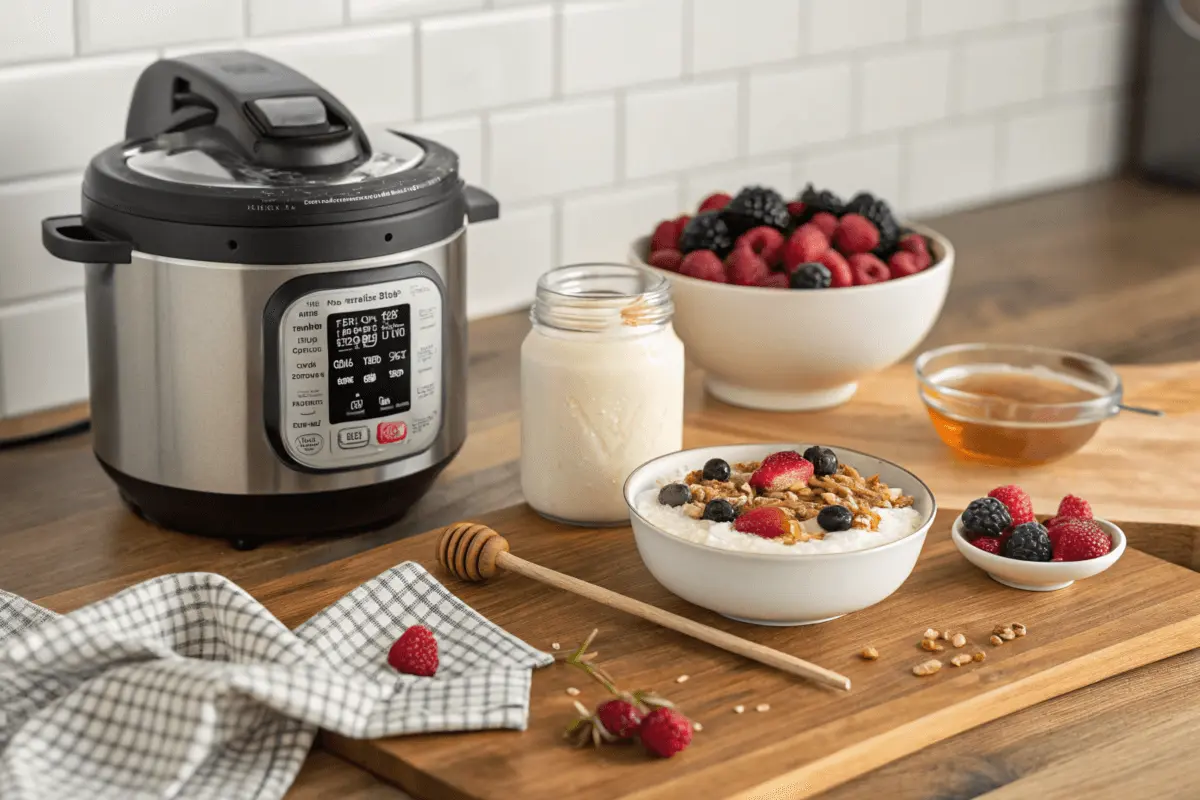 Instant Pot with a jar of yogurt and a bowl of creamy yogurt with toppings