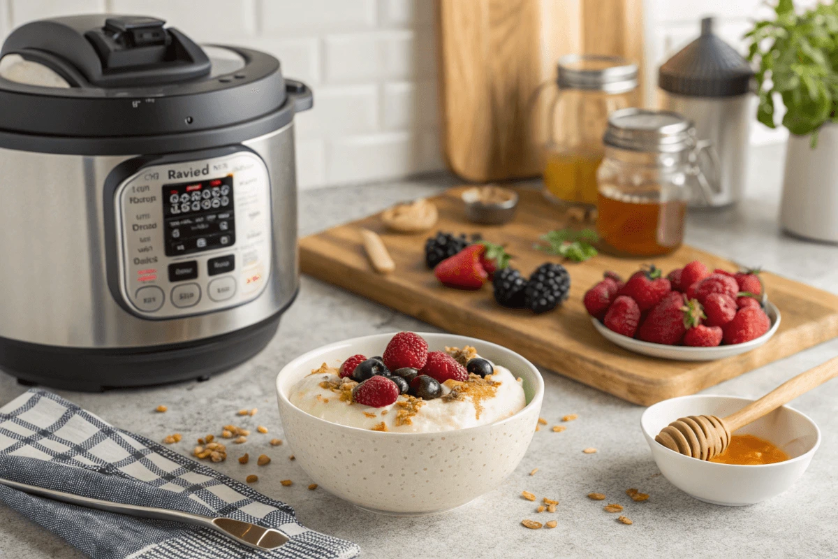 Instant Pot on a counter with homemade yogurt topped with berries