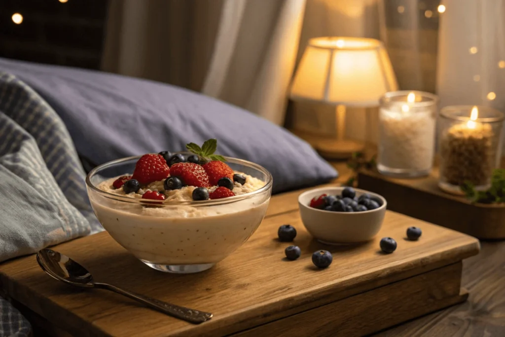 Athlete eating protein pudding on a bed with workout gear in the background