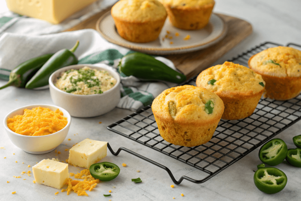 Jalapeño and cheddar cornbread muffins on a cooling rack